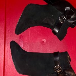 Black Suede Booties With Leather Buckle
